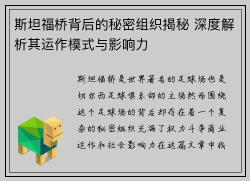斯坦福桥背后的秘密组织揭秘 深度解析其运作模式与影响力
