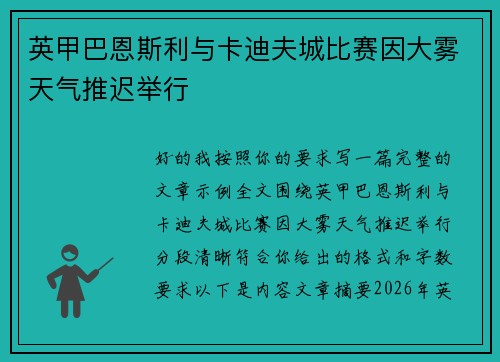 英甲巴恩斯利与卡迪夫城比赛因大雾天气推迟举行